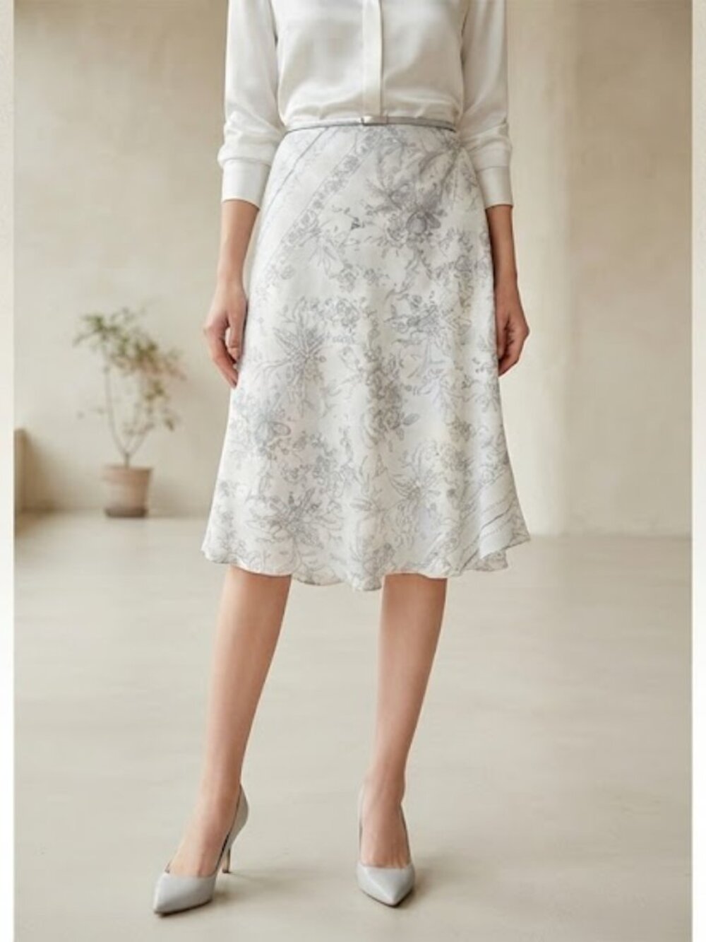 Light Gray Floral A-Line Skirt